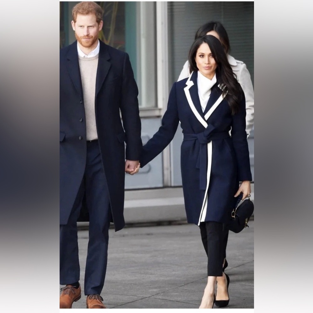 J. CREW Tipped Topcoat Italian Wool Stadium Cloth MEGHAN MARKLE Navy Size 14 NWT - Picture 2 of 14